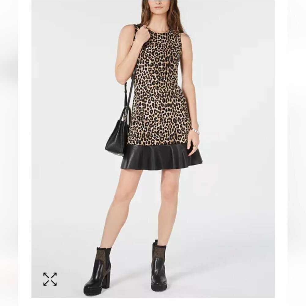 Michael Kors Leopard Print contrast trim Dress Nwt x Small